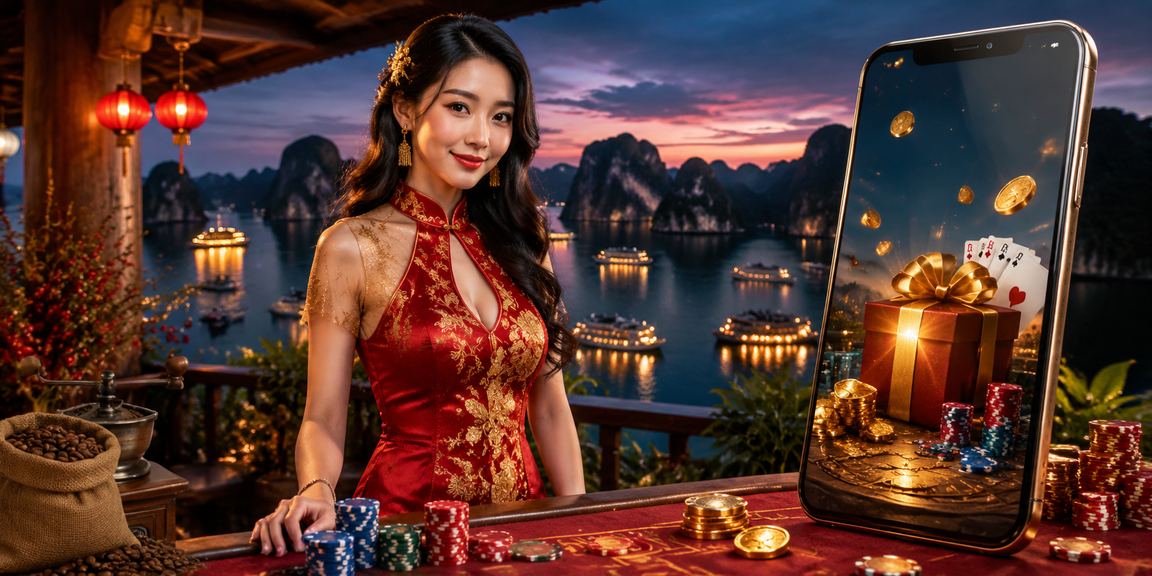 Người dùng Việt thư giãn tại vịnh Hạ Long và truy cập casino app bên tách cà phê