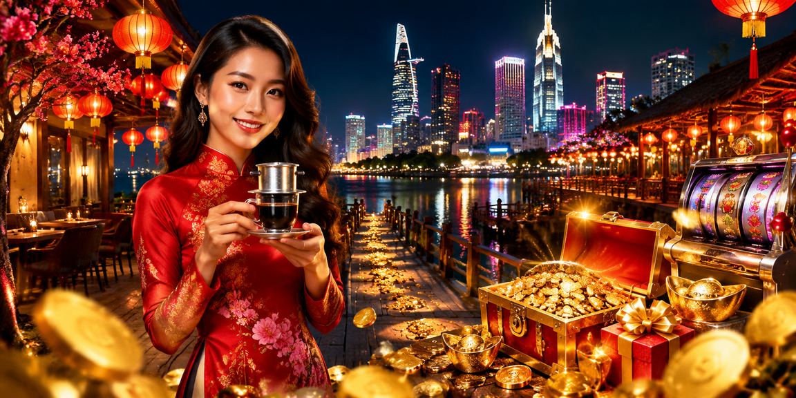 Người dùng TP Hồ Chí Minh chơi slot game trên điện thoại bên cạnh ly cà phê