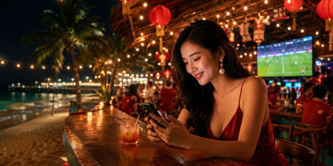 Người chơi thư giãn tại bãi biển Phú Quốc và tham gia slot game trên di động